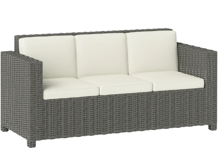 Outsunny 3 Seater Rattan Sofa All-Weather Wicker Weave Metal Frame Chair with Fire Resistant Cushio-Cream